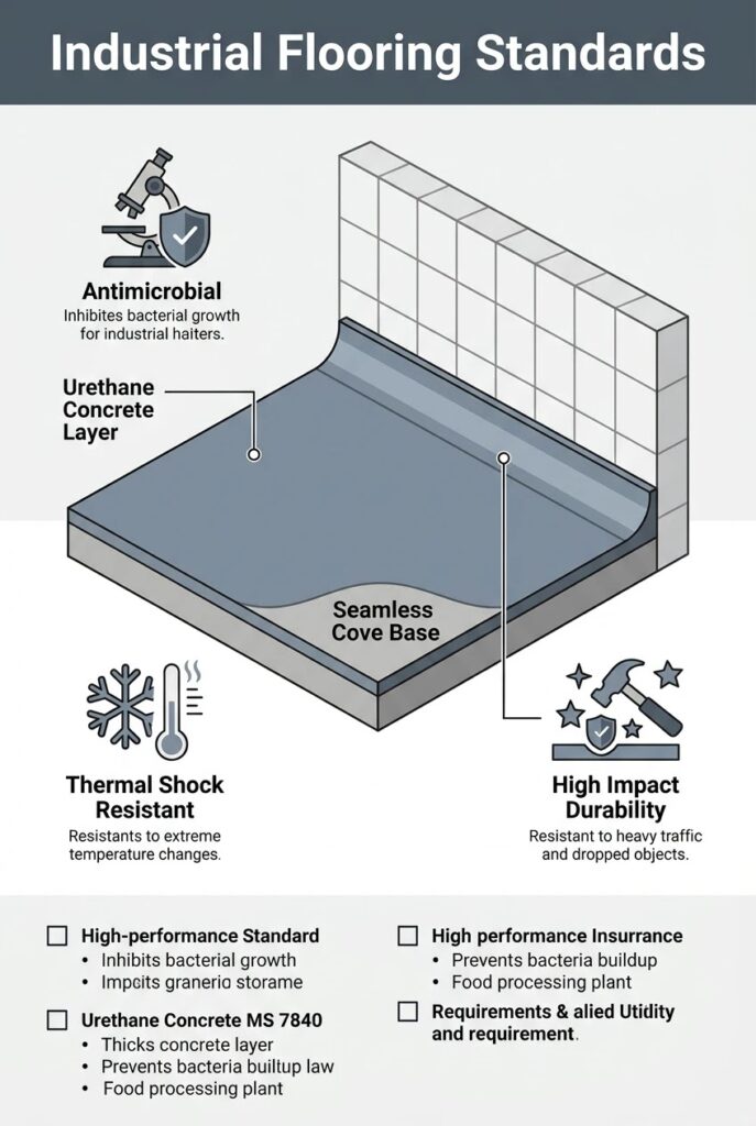 Infographic detailing industrial urethane concrete flooring benefits for food plants, featuring a seamless cove base diagram and hygiene performance stats.