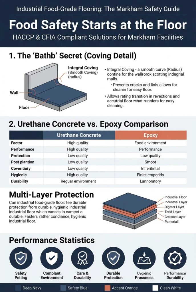 Infographic guide to food-grade flooring in Markham, comparing urethane concrete and epoxy, illustrating sanitary coving, and multi-layer installation.