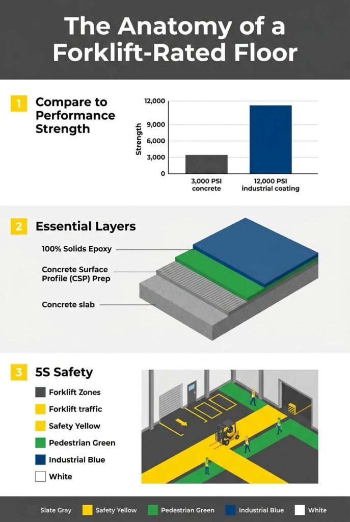 Infographic showing forklift-rated floor strength (12,000 PSI), industrial coating layers, and 5S safety zone layouts for Markham manufacturing plants.