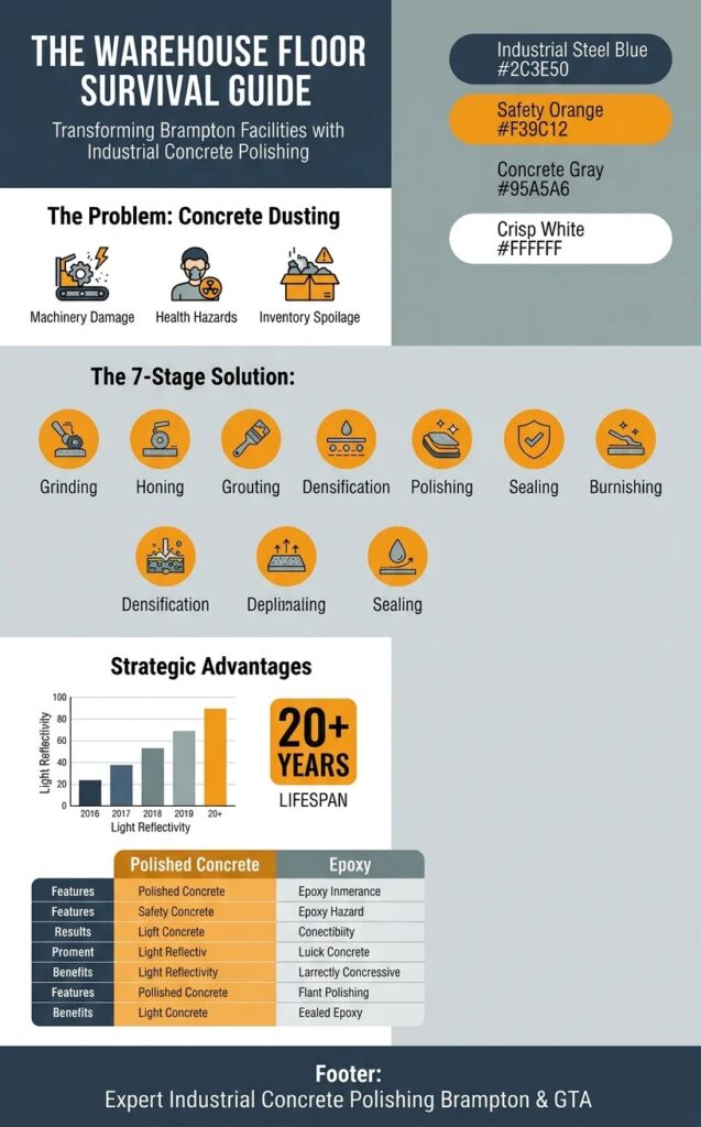 Infographic showing the 7-stage concrete polishing process for Brampton warehouses, highlighting benefits like 30% more light and 20-year durability.