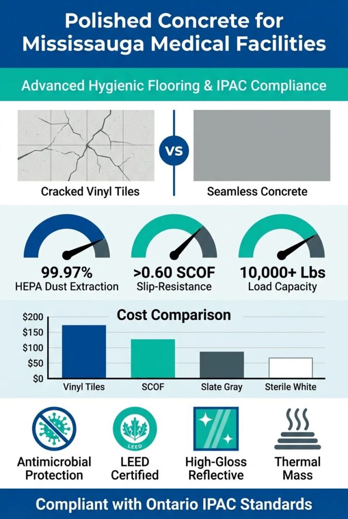 Infographic showing the benefits of medical facility polished concrete in Mississauga: hygiene, IPAC compliance, 99.97% dust-free, and high ROI.