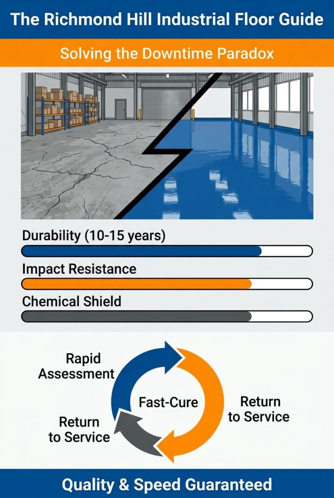 Infographic comparing old concrete to new high-gloss industrial flooring in Richmond Hill, highlighting 10-15 year durability and fast-cure resurfacing.