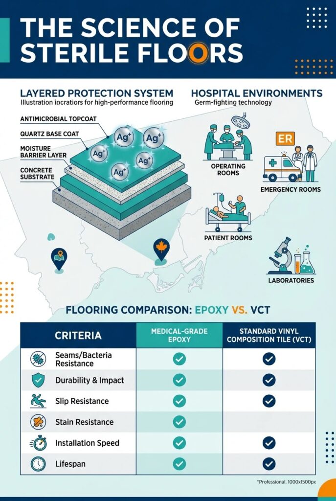Infographic explaining medical grade epoxy flooring layers, silver-ion technology, and CSA Z8000 standards for Toronto hospitals in teal and navy colors.